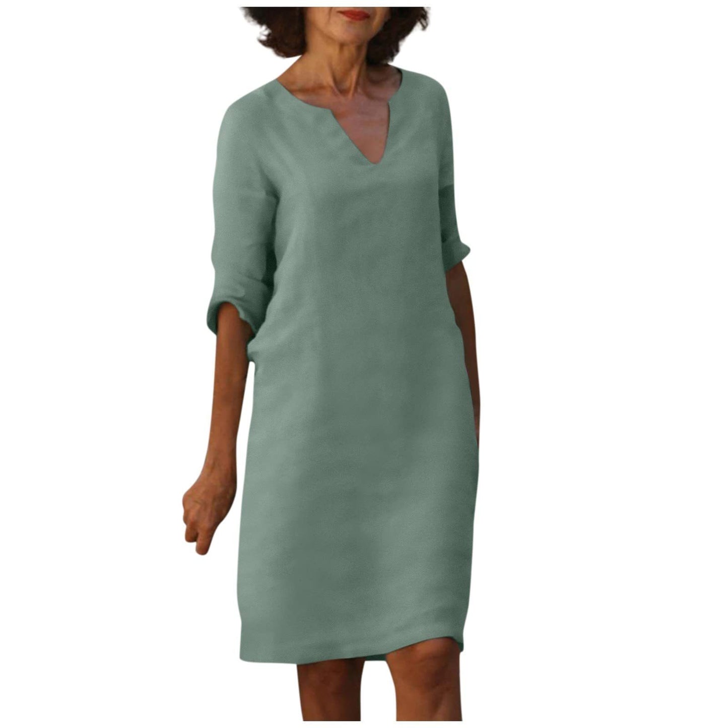 Robe Col V en Coton et Lin