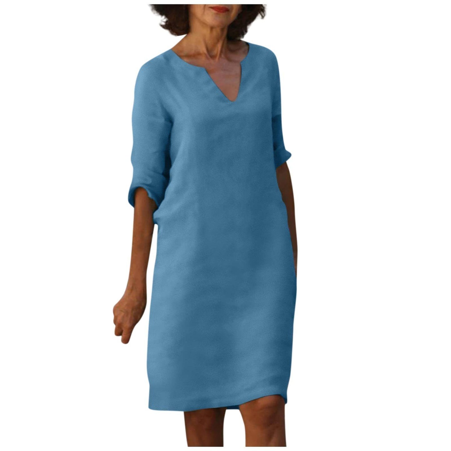 Robe Col V en Coton et Lin