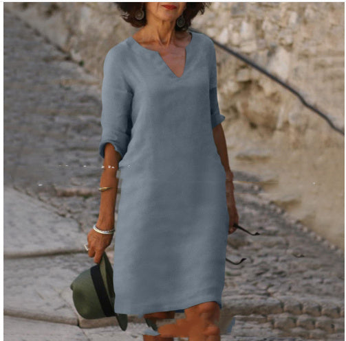 Robe Col V en Coton et Lin