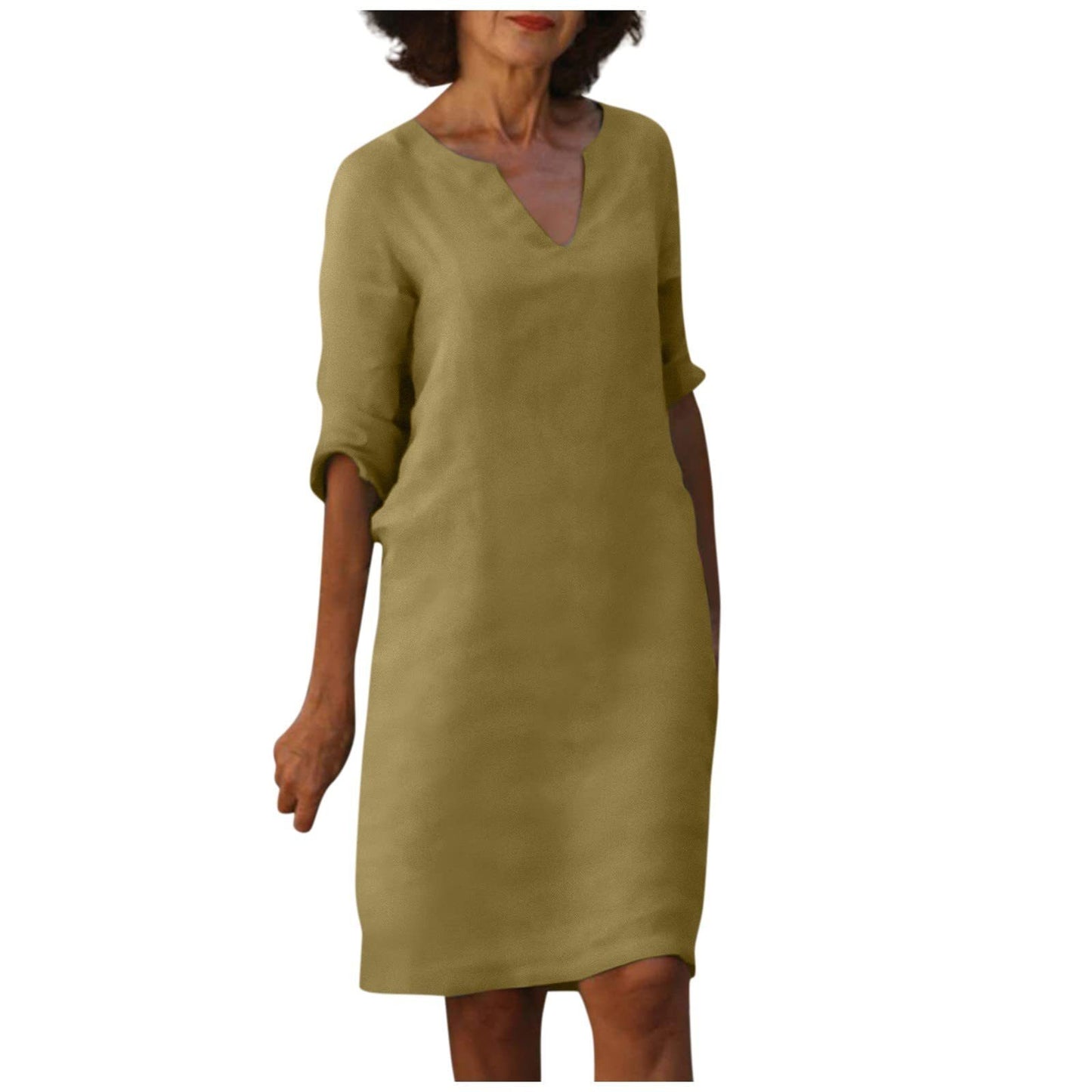 Robe Col V en Coton et Lin