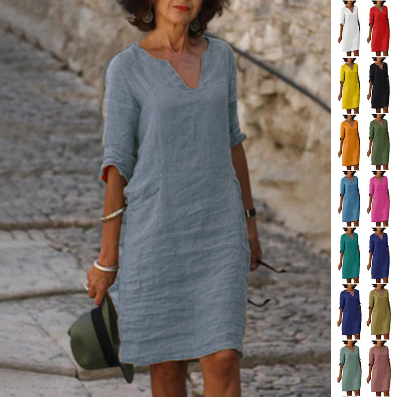Robe Col V en Coton et Lin