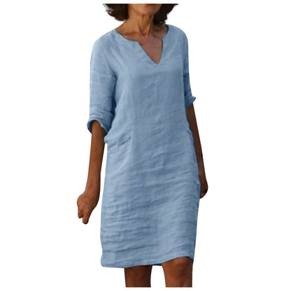 Robe Col V en Coton et Lin