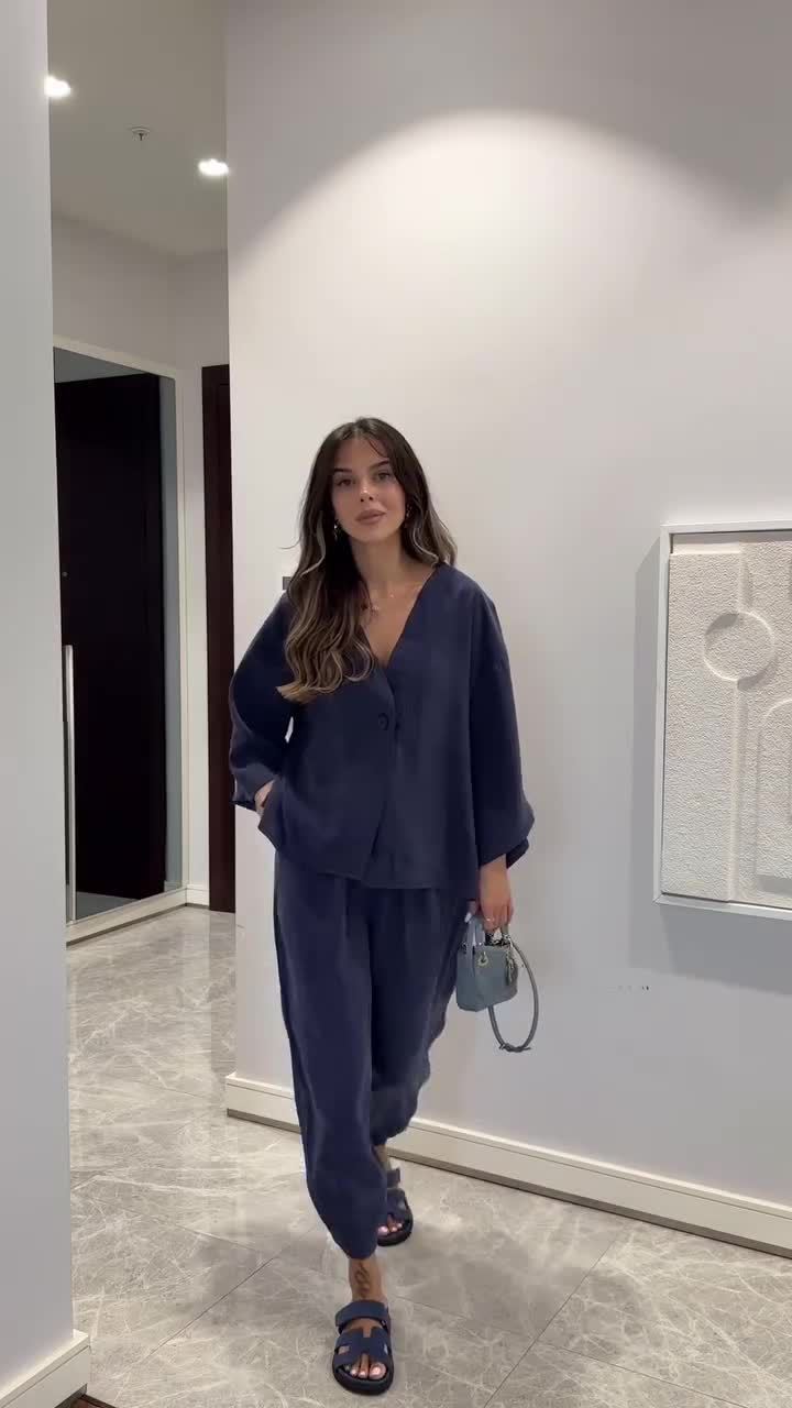 Long Sleeve Cardigan Trousers Solid Color Suit