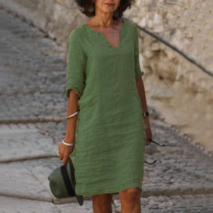 Robe Col V en Coton et Lin