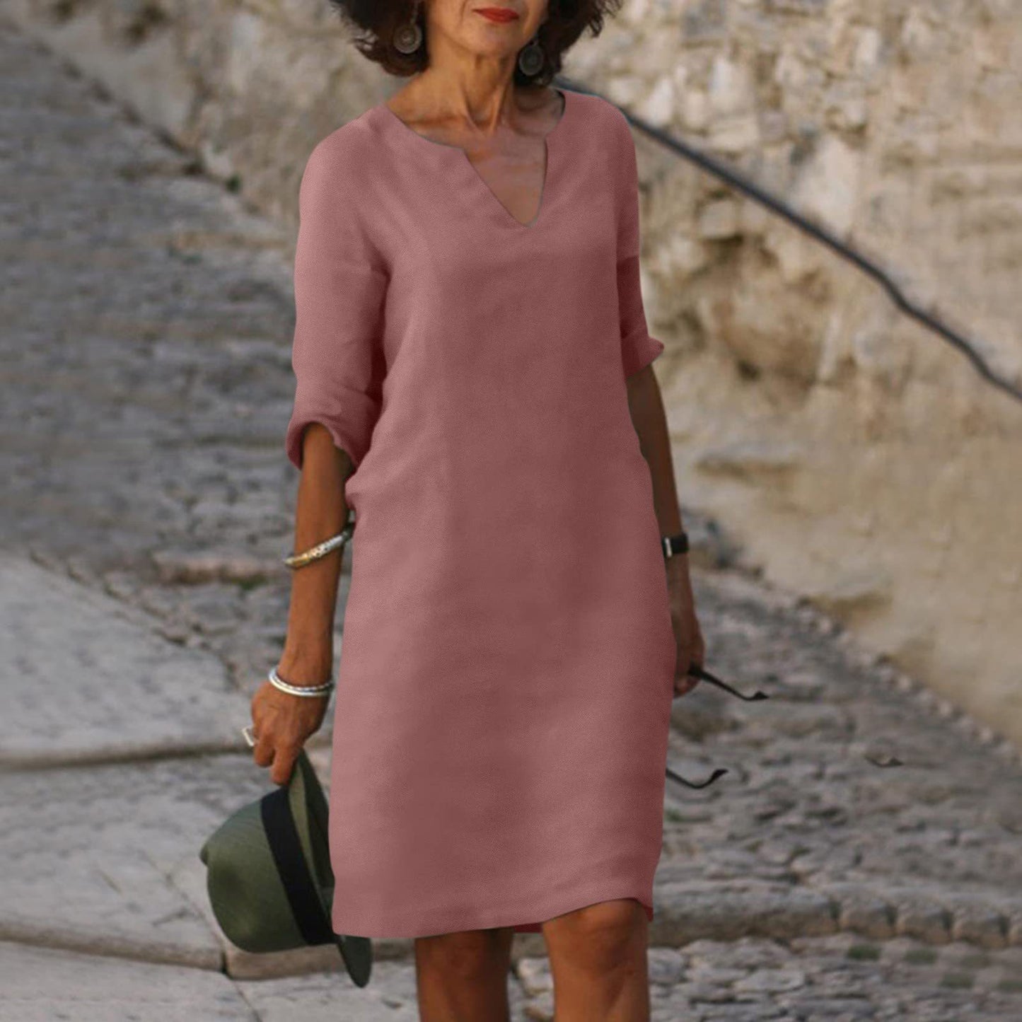 Robe Col V en Coton et Lin