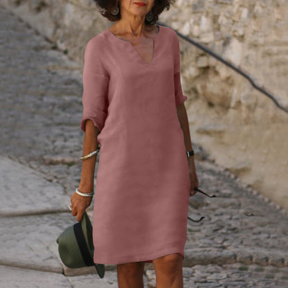 Robe Col V en Coton et Lin