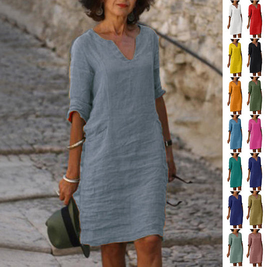 Robe Col V en Coton et Lin