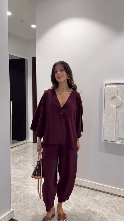 Long Sleeve Cardigan Trousers Solid Color Suit