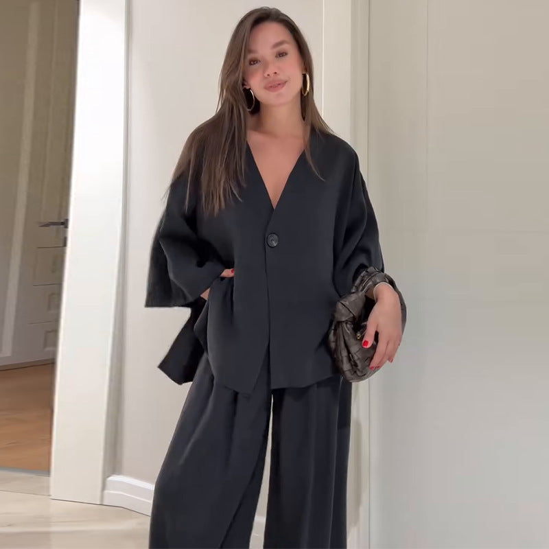 Long Sleeve Cardigan Trousers Solid Color Suit