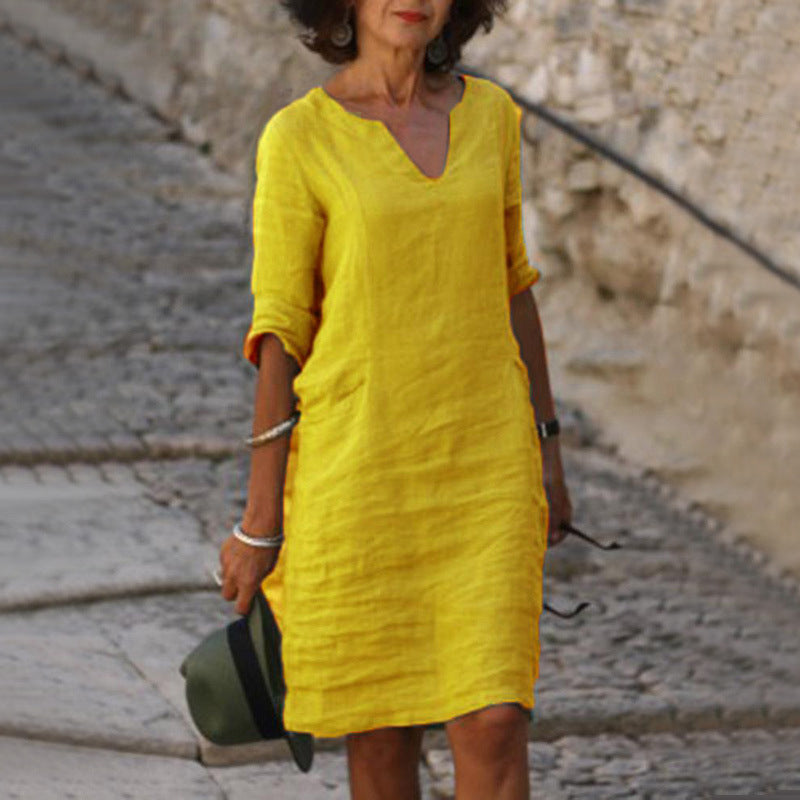 Robe Col V en Coton et Lin