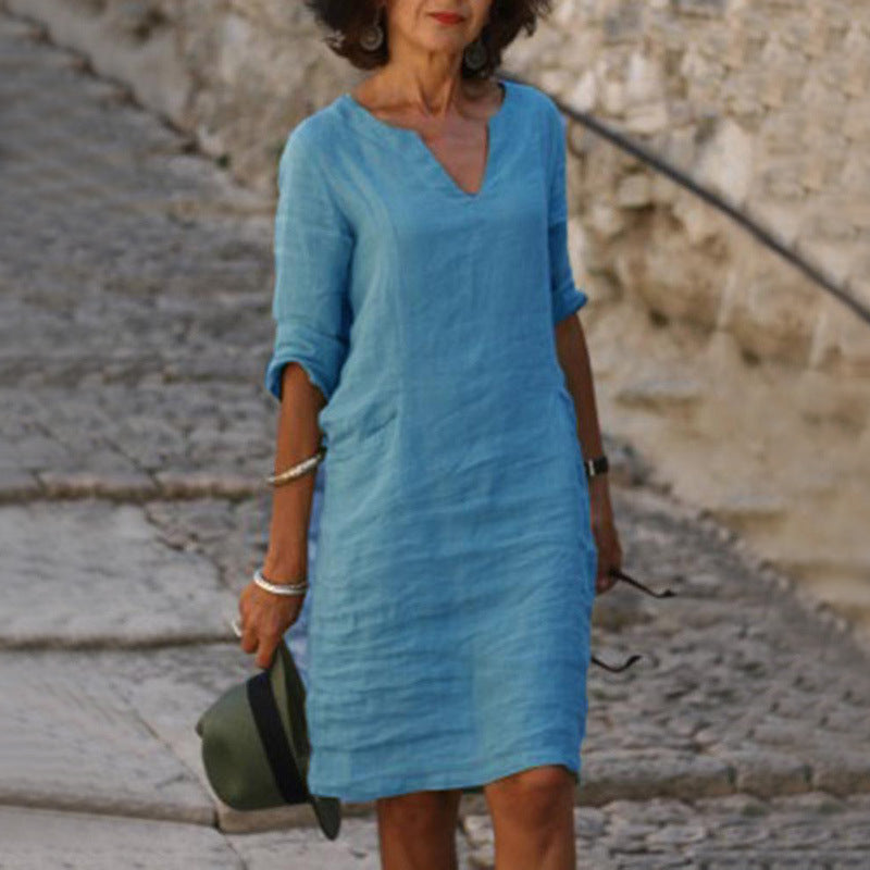 Robe Col V en Coton et Lin