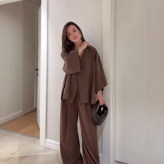 Long Sleeve Cardigan Trousers Solid Color Suit